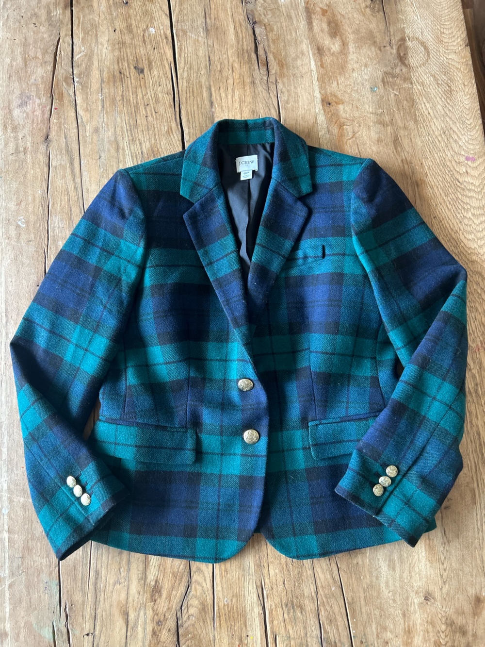 J. Crew equestrian Polo Blue Plaid Double-Breasted suit Blazer gold buttons S 6